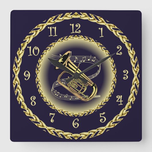 Horloge Carrée Tuba Musical Scroll ~ Gold et Navy Blue ~ (Recto)
