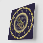 Horloge Carrée Tuba Musical Scroll ~ Gold et Navy Blue ~ (Angle)