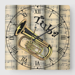 Horloge Carrée Tuba ~ Musique Vintage feuille roulée ~ Unique ~