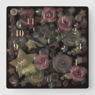 Horloge Carrée Tuile de verre 3D roses liquides et étoiles