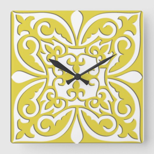 Horloge Carrée Tuile marocaine - jaune et blanc de moutarde (Recto)