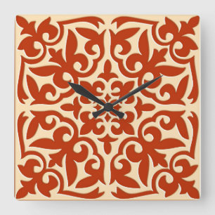 Horloge Carrée Tuile marocaine - orange et pêche de corail
