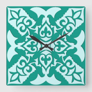 Horloge Carrée Tuile marocaine - turquoise et aqua