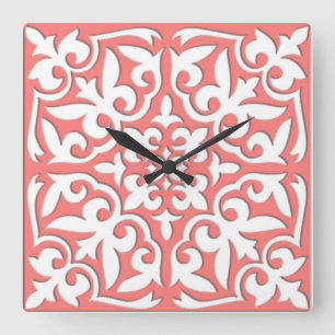 Horloge Carrée Tuiles marocaines - corail rose et blanc