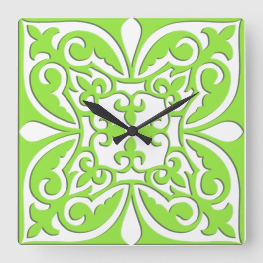 Horloge Carrée Tuiles marocaines - vert citron et blanc (Recto)