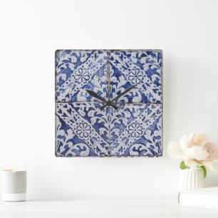 Horloge Carrée Tuiles portugaises - Azulejo Floral bleu et blanc