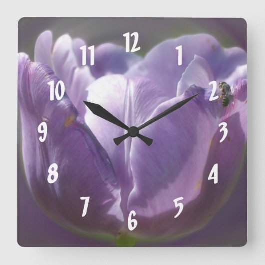 Horloge Carrée Tulipe Violette Pale Avec Fleur D'Abeille (Recto)