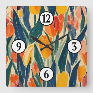 Horloge Carrée Tulipes Lumière de Printemps
