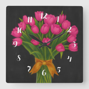 Horloge Carrée Tulipes roses du tableau noir
