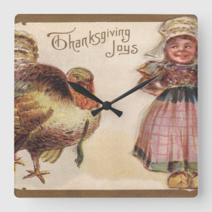 Horloge Carrée Turquie de Thanksgiving vintage avec fille pèlerin