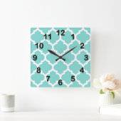 Horloge Carrée Turquoise Aqua Wht Moroccan Quatrefoil Pattern #5 (Maison)