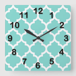 Horloge Carrée Turquoise Aqua Wht Moroccan Quatrefoil Pattern #5