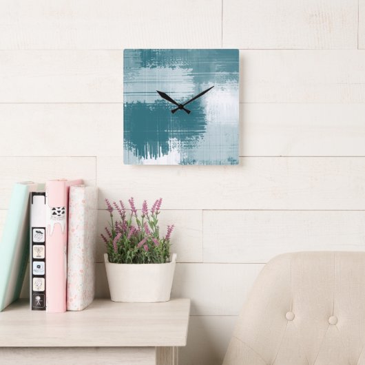 Horloge Carrée Turquoise Blanc Abstrait (Salle de lecture)