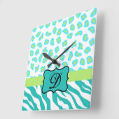 Horloge Carrée Turquoise Blanc Vert Zèbre Léopard Monogramme de p (Angle)