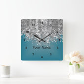Horloge Carrée Turquoise bleu et faux parties scintillant (Maison)