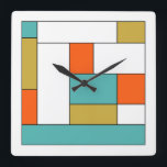 Horloge Carrée Turquoise Bleu Or Orange Bloc de couleur Mid Mod<br><div class="desc">Cette fabuleuse horloge moderne du milieu du siècle présente des blocs de couleur rectangulaires en bleu aqua,  or,  orange,  blanc et noir. Ajoutez du plaisir à votre mur !</div>