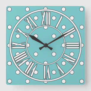 Horloge Carrée Turquoise doux avec points blancs et chiffres roma
