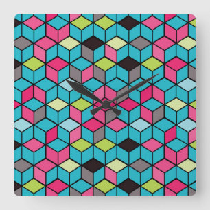 Horloge Carrée Turquoise et motif rose de cube