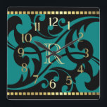 Horloge Carrée Turquoise Flourver Design Gold Bordure avec Monogr<br><div class="desc">Turquoise Flourish Design Gold Bordure avec Monogrammes Designs par Umua. Imprimé et expédié par Zazzle ou ses partenaires.</div>