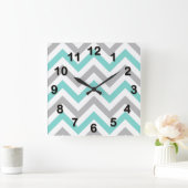 Horloge Carrée Turquoise, Gris, Blanc grand motif chevron zigzag (Maison)