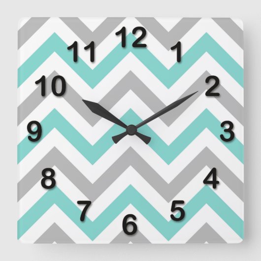 Horloge Carrée Turquoise, Gris, Blanc grand motif chevron zigzag (Recto)