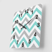 Horloge Carrée Turquoise, Gris, Blanc grand motif chevron zigzag (Angle)