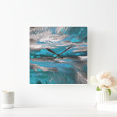 Horloge Carrée Turquoise gris bleu Abstrait (Maison)