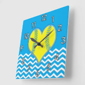 Horloge Carrée Turquoise Heart Shape Softball Clock ou YOUR COLOR (Angle)