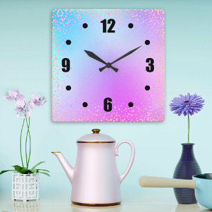 Horloge Carrée Turquoise pink ombre aquarelle confetti points chi