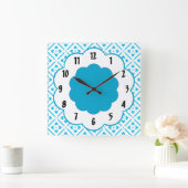 Horloge Carrée Turquoise White Flower Retro Pattern  Wall Clock (Maison)