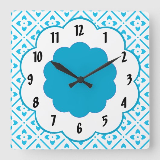 Horloge Carrée Turquoise White Flower Retro Pattern  Wall Clock (Recto)