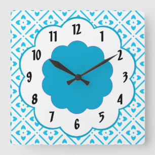Horloge Carrée Turquoise White Flower Retro Pattern  Wall Clock