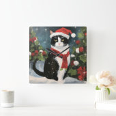 Horloge Carrée Tuxedo Chat en Noël de neige (Maison)