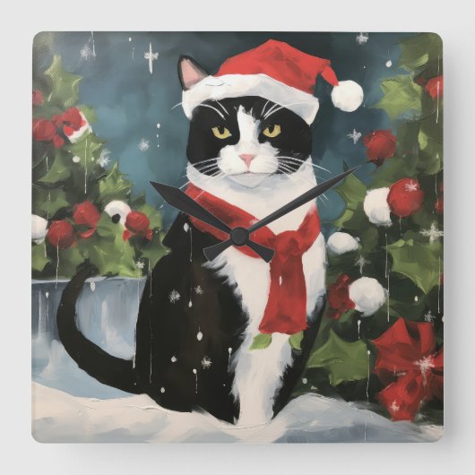 Horloge Carrée Tuxedo Chat en Noël de neige (Recto)