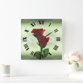 Horloge Carrée Twin Flame rouge roses chiffres romains (Maison)