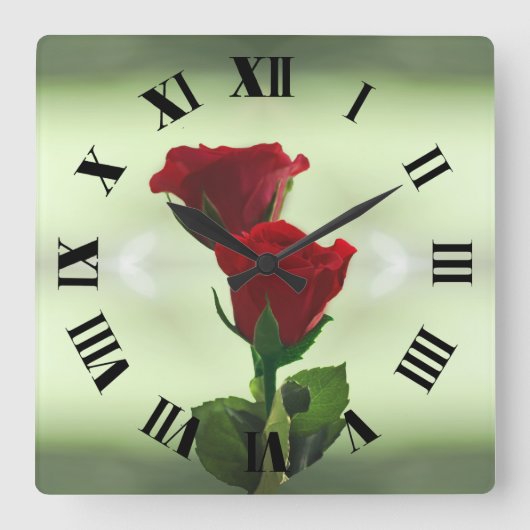 Horloge Carrée Twin Flame rouge roses chiffres romains (Recto)