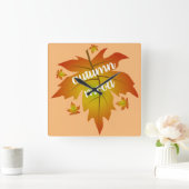 Horloge Carrée Typographie de l'humeur d'automne feuille d'érable (Maison)