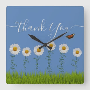 Horloge Carrée Typographie moderne de Merci Floral Blue Daisy