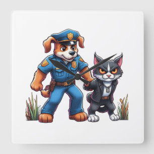 Horloge Carrée un chien de police et un chat méchant - humour