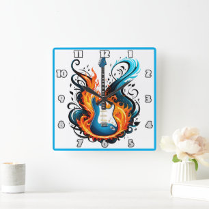 Horloge Carrée Une guitare bleu vif entourée de flammes tourbante