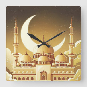 Horloge Carrée Une mosquée majestueuse sous la lune du croissant