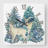 Horloge Carrée Une Paire De Cerfs Dans La Forêt D'Hiver (Recto)