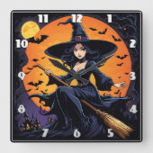 Horloge Carrée Une sorcière balade son balai sous une lune de moi (Recto)