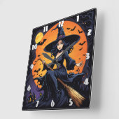 Horloge Carrée Une sorcière balade son balai sous une lune de moi (Angle)