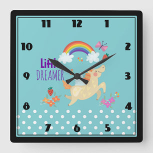 Horloge Carrée Unicorn Rainbow Nuages and Flowers Little Dreamer