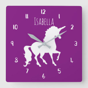 Horloge Carrée Unicorne couleur violet ou personnalisée Enfants p