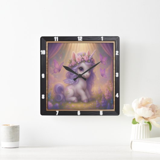 Horloge Carrée Unicorne magique papillon violet (Maison)