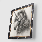 Horloge Carrée Unicorne monochrome floral (Angle)