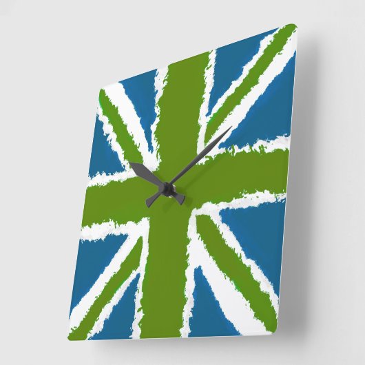 Horloge Carrée Union Jack Art Vert Tons Turquoises Mur Art (Angle)