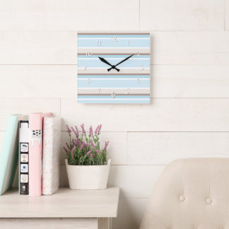 Horloge Carrée Unique Ocean Blue Beige White Stripe Art